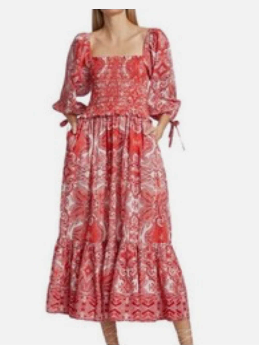Tuckernuck Cara Cara Jazzy Red White Paisley Print Smocked Midi Dress M